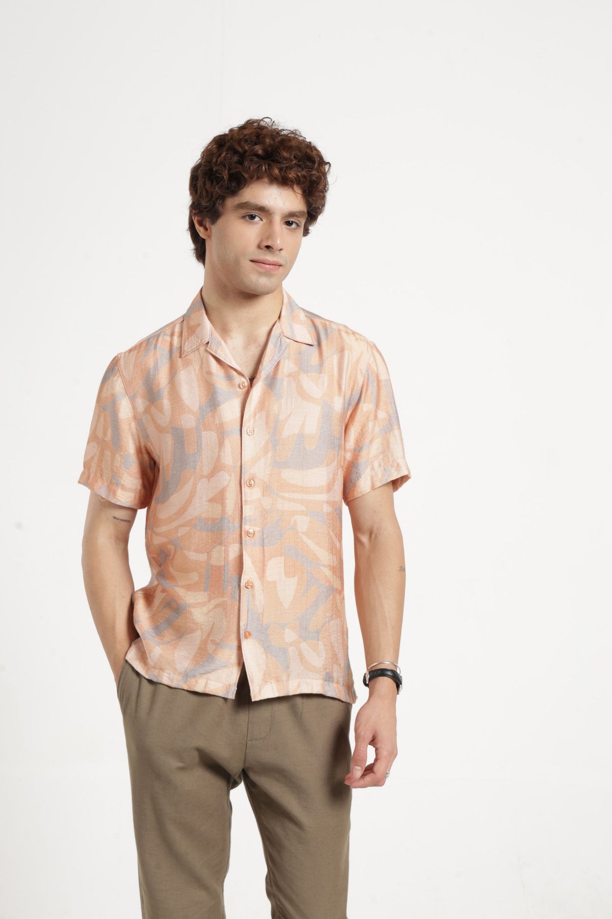 Abstract Print Cuban Collar Shirt In Peach