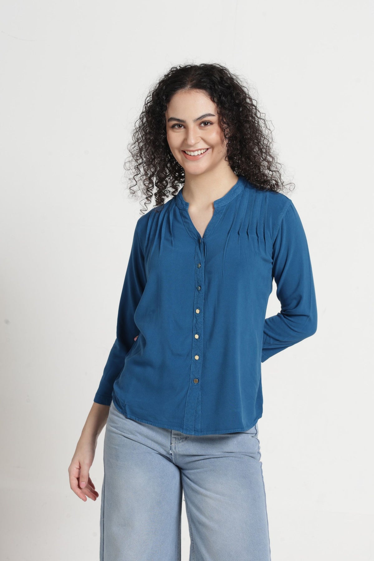 Women Solid Pintuck Indo-Western Shirt - Ocean blue