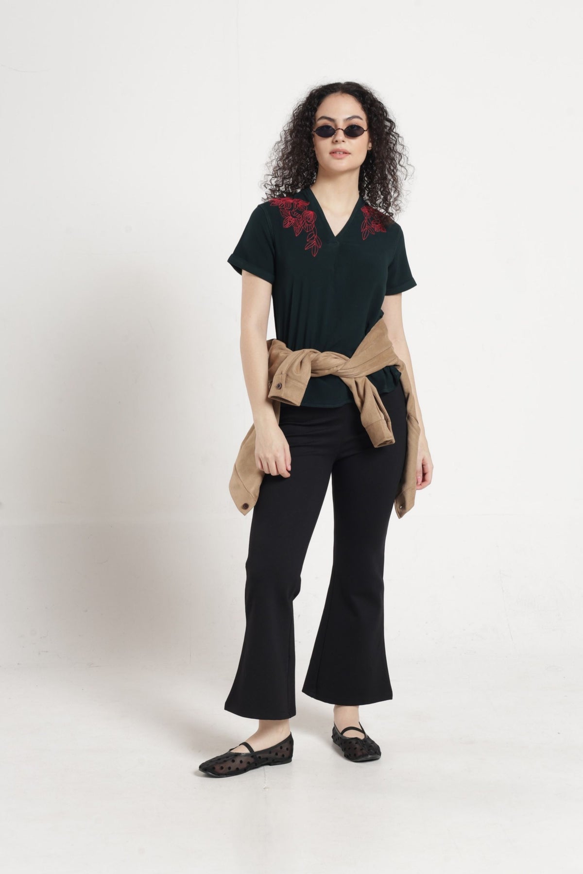 Women Solid Embroidered Indo-Western Tunic - Green