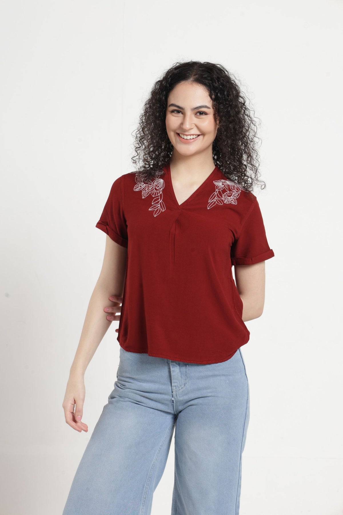 Women Solid Embroidered Indo-Western Tunic - Rust
