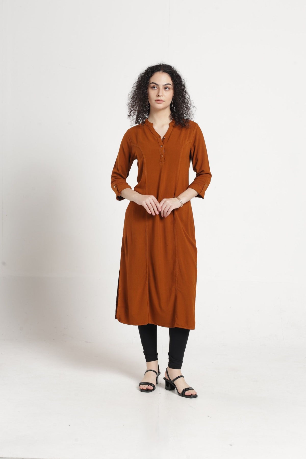 Women Solid Indo-Western Tunic - Chocolate