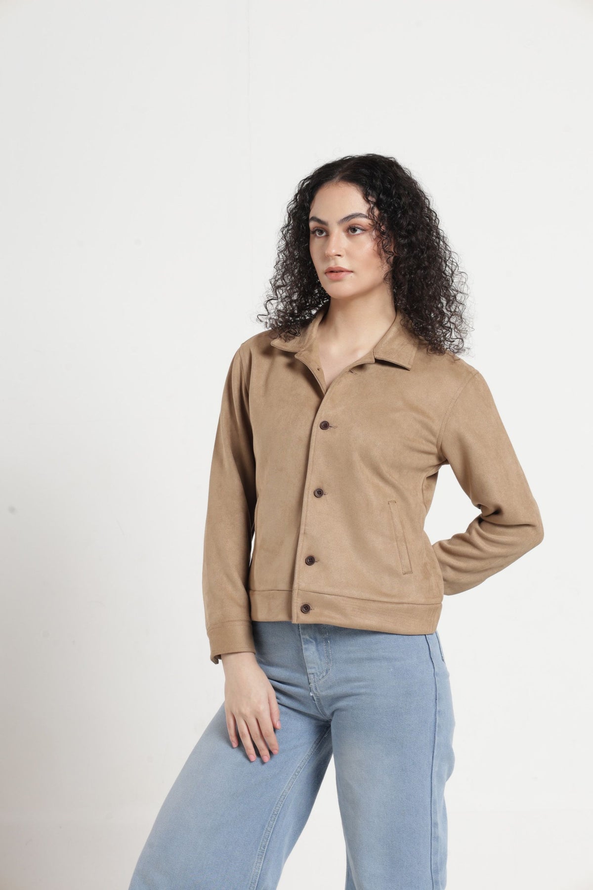 Women Solid Suede Full Sleeve Jacket - Khaki