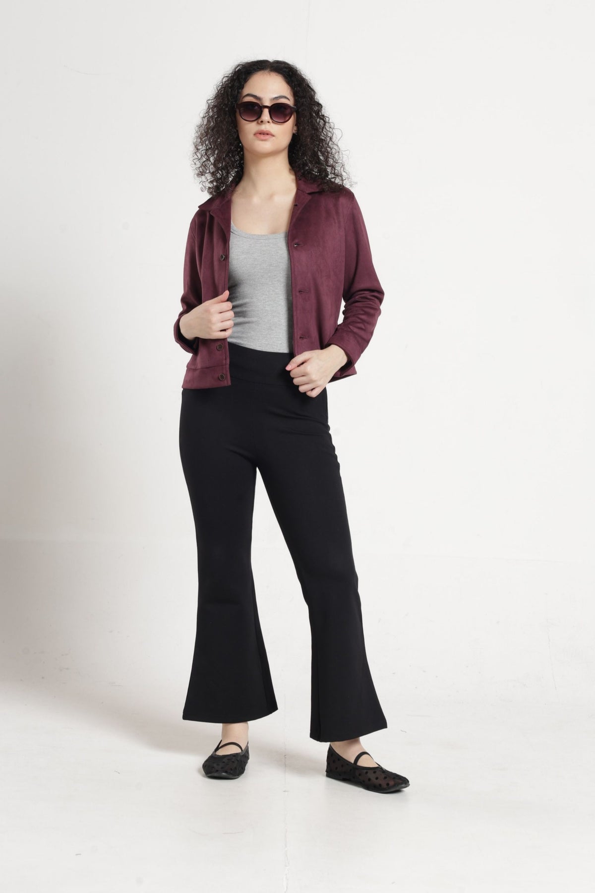 Women Solid Suede Full Sleeve Jacket - Wine