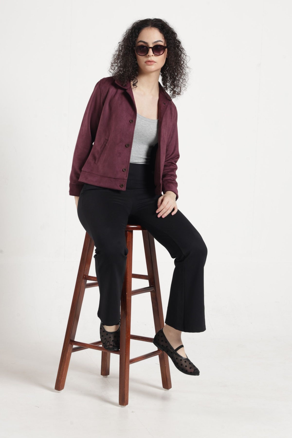 Women Solid Suede Full Sleeve Jacket - Wine