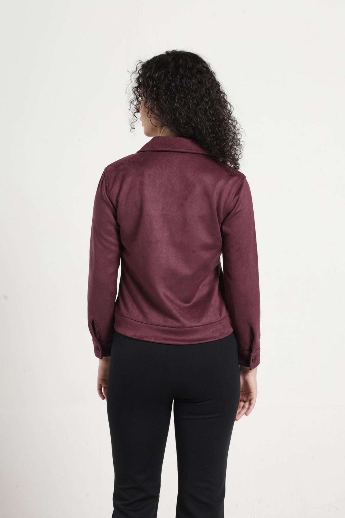 Women Solid Suede Full Sleeve Jacket - Wine