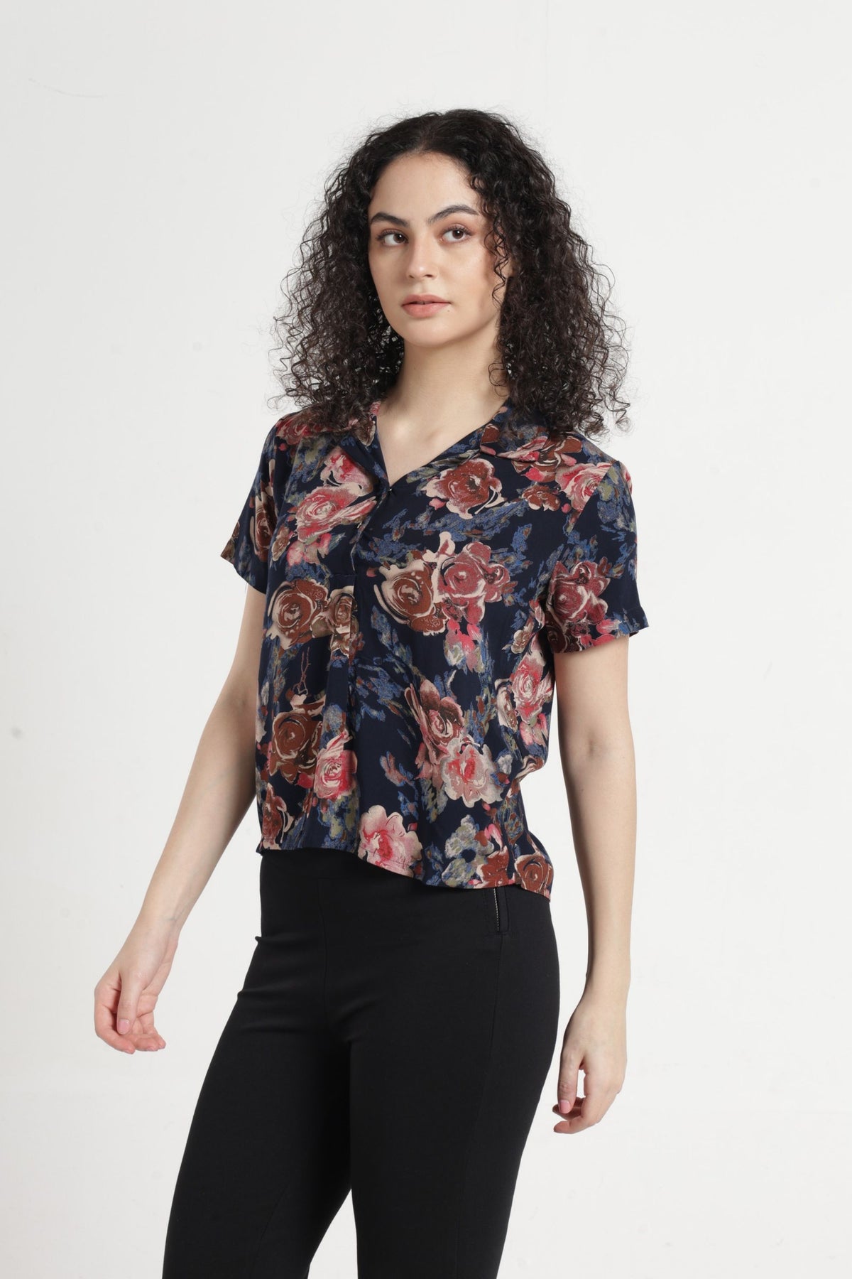 Women Casual Floral Printed Top  - Navy