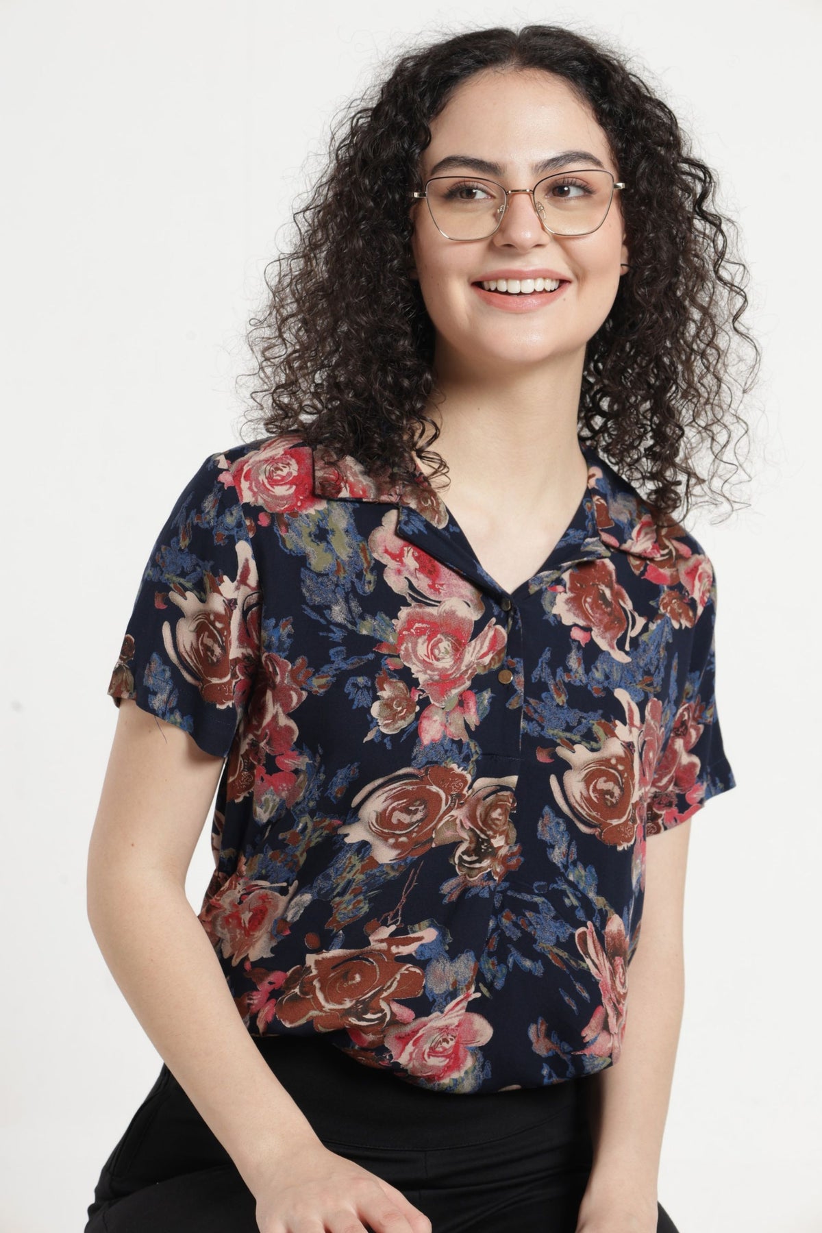 Women Casual Floral Printed Top  - Navy