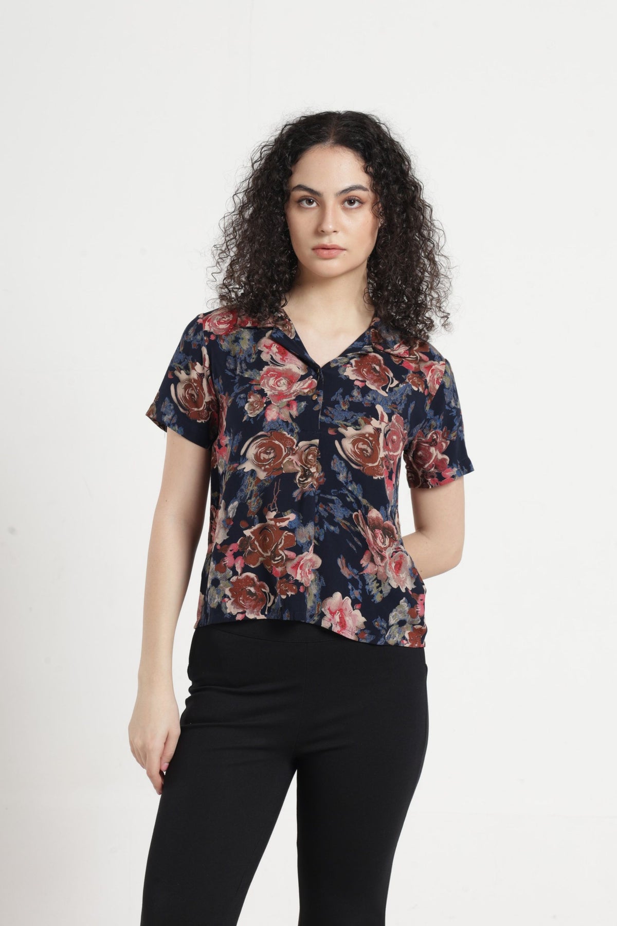 Women Casual Floral Printed Top  - Navy