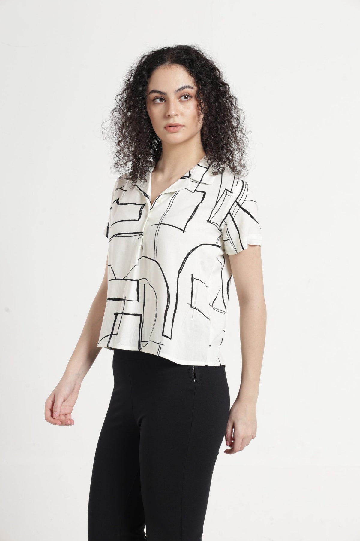 Women Casual Abstract Line Printed Top  - Off white
