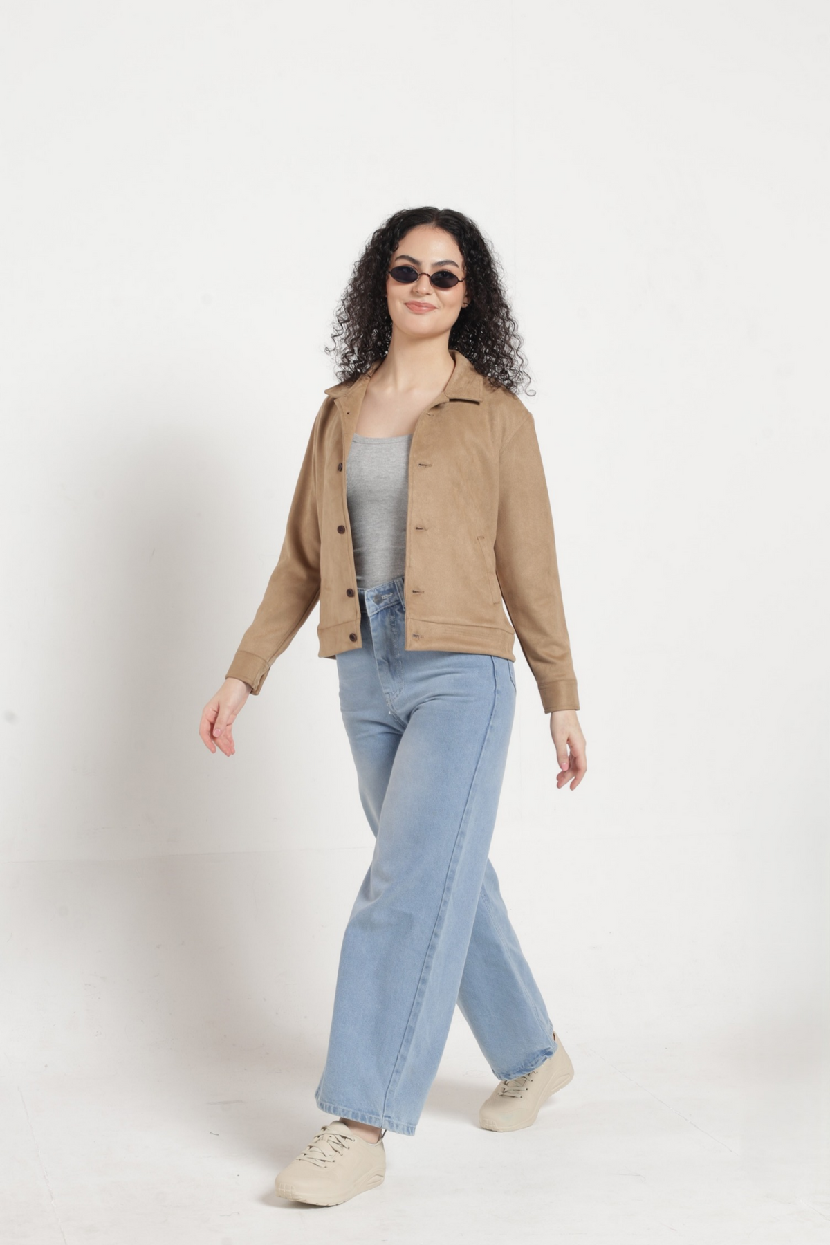 Women Solid Suede Full Sleeve Jacket - Khaki