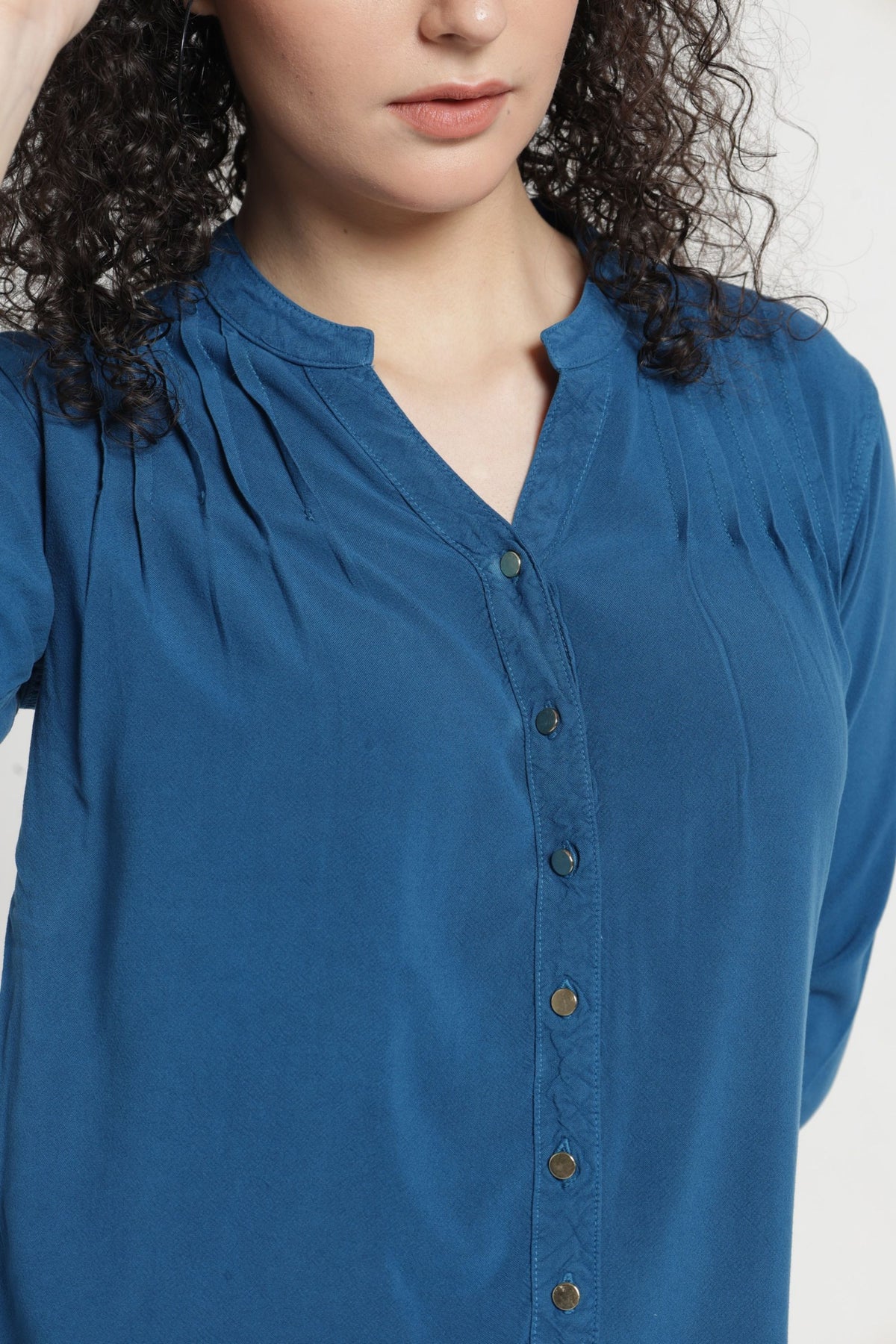 Women Solid Pintuck Indo-Western Shirt - Ocean blue