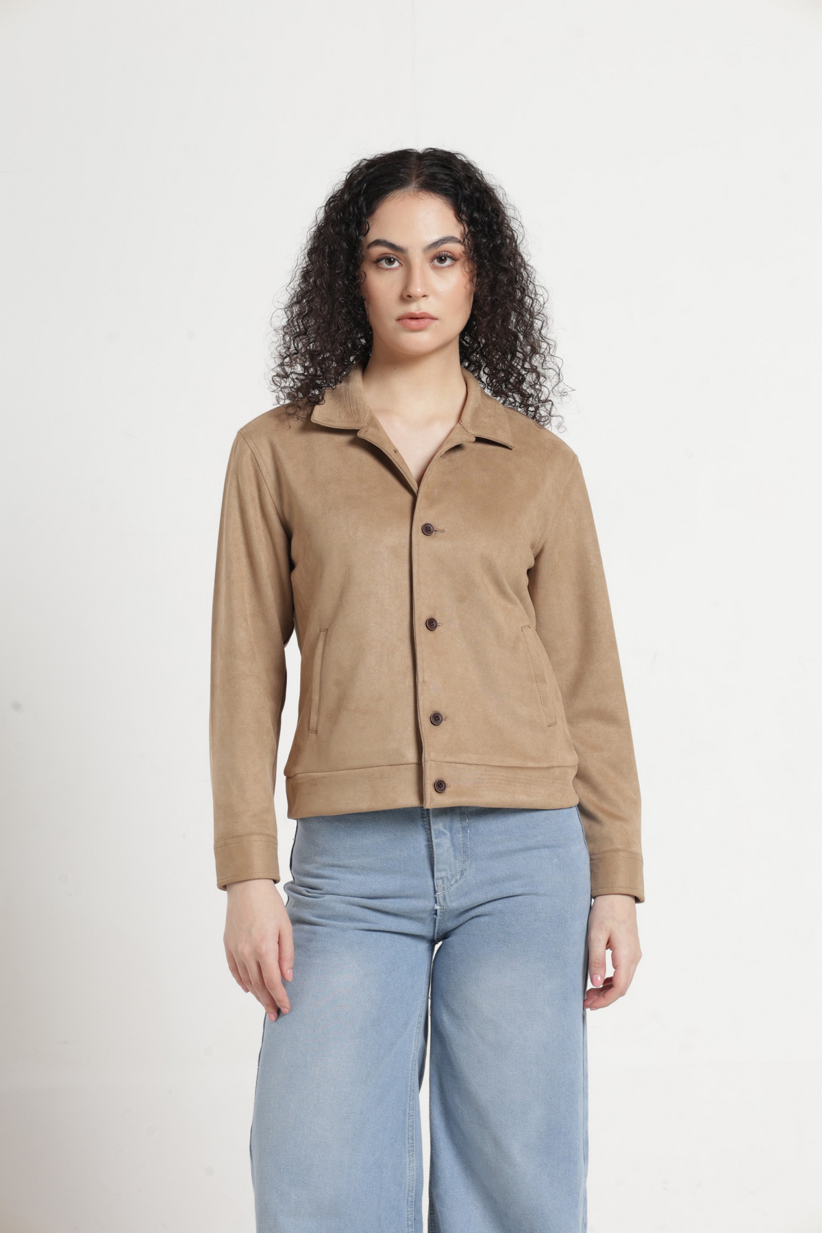 Women Solid Suede Full Sleeve Jacket - Khaki