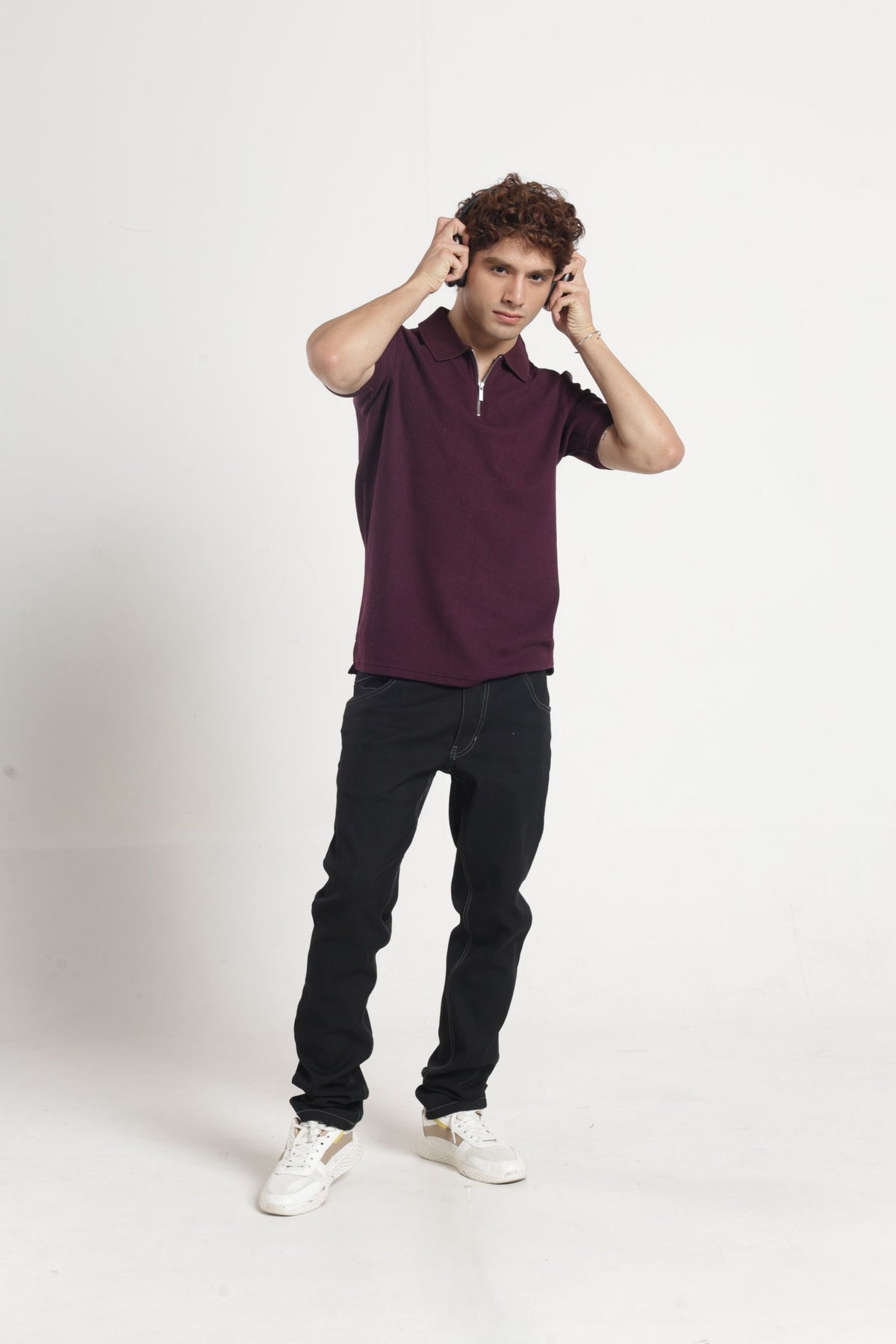 Polo Collar Jacquard Zipper T-Shirt In Wine