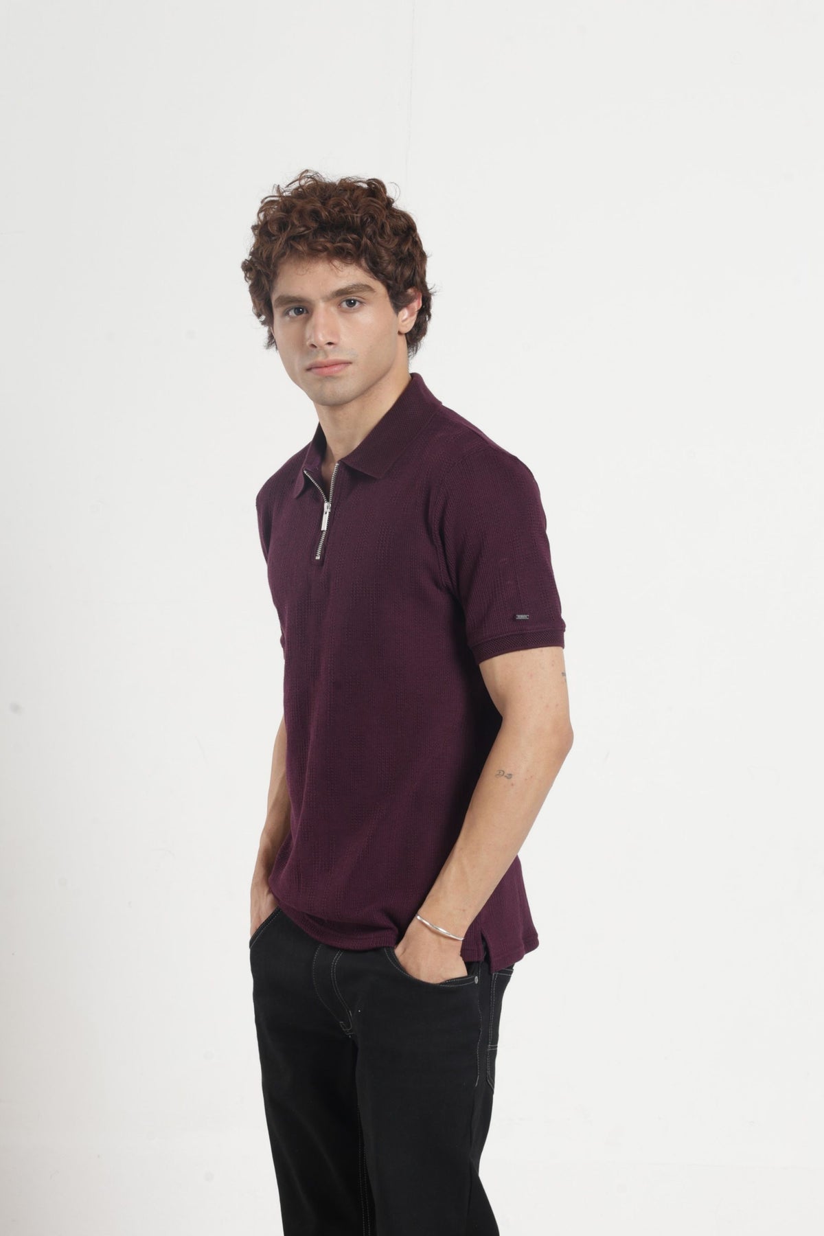 Polo Collar Jacquard Zipper T-Shirt In Wine