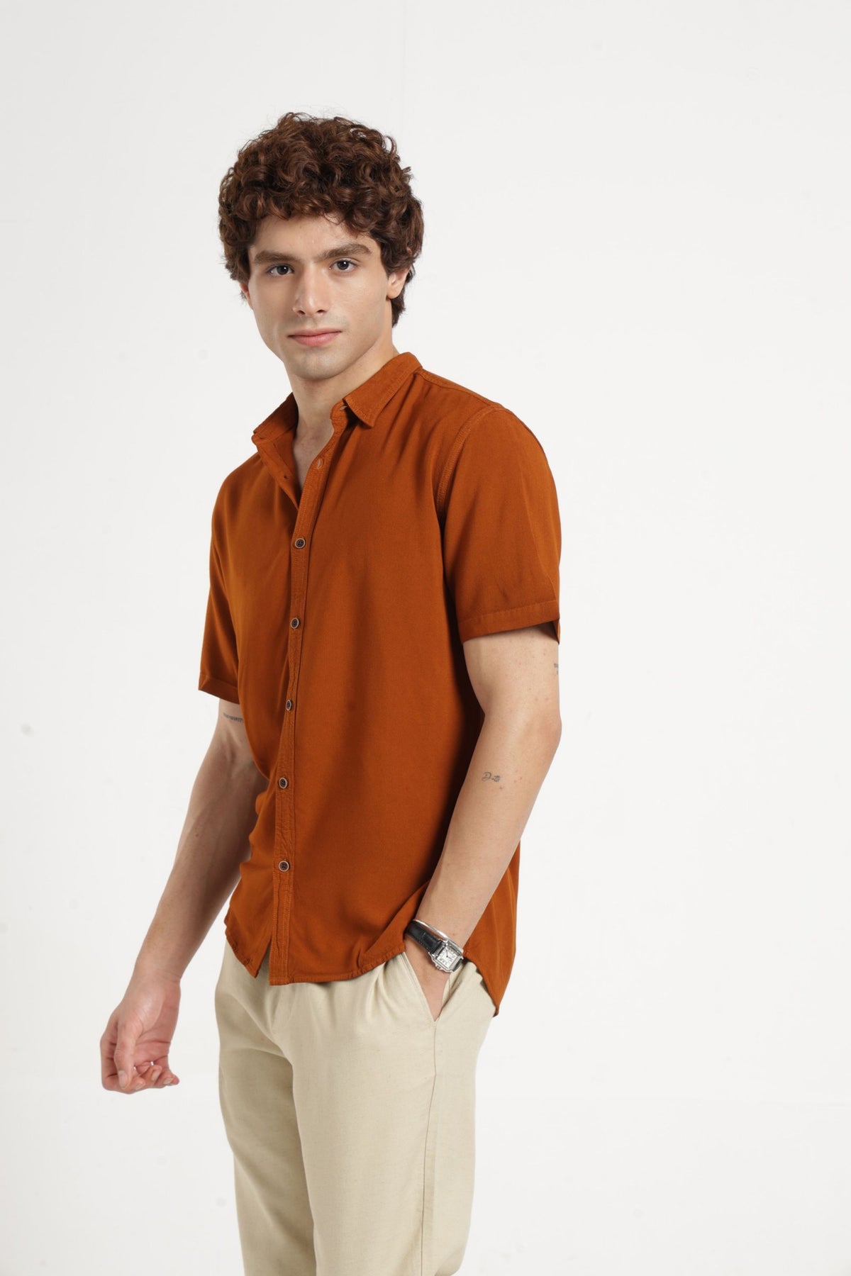 Regular Collar Half Sleeves Solid Shirt in Chocolate
