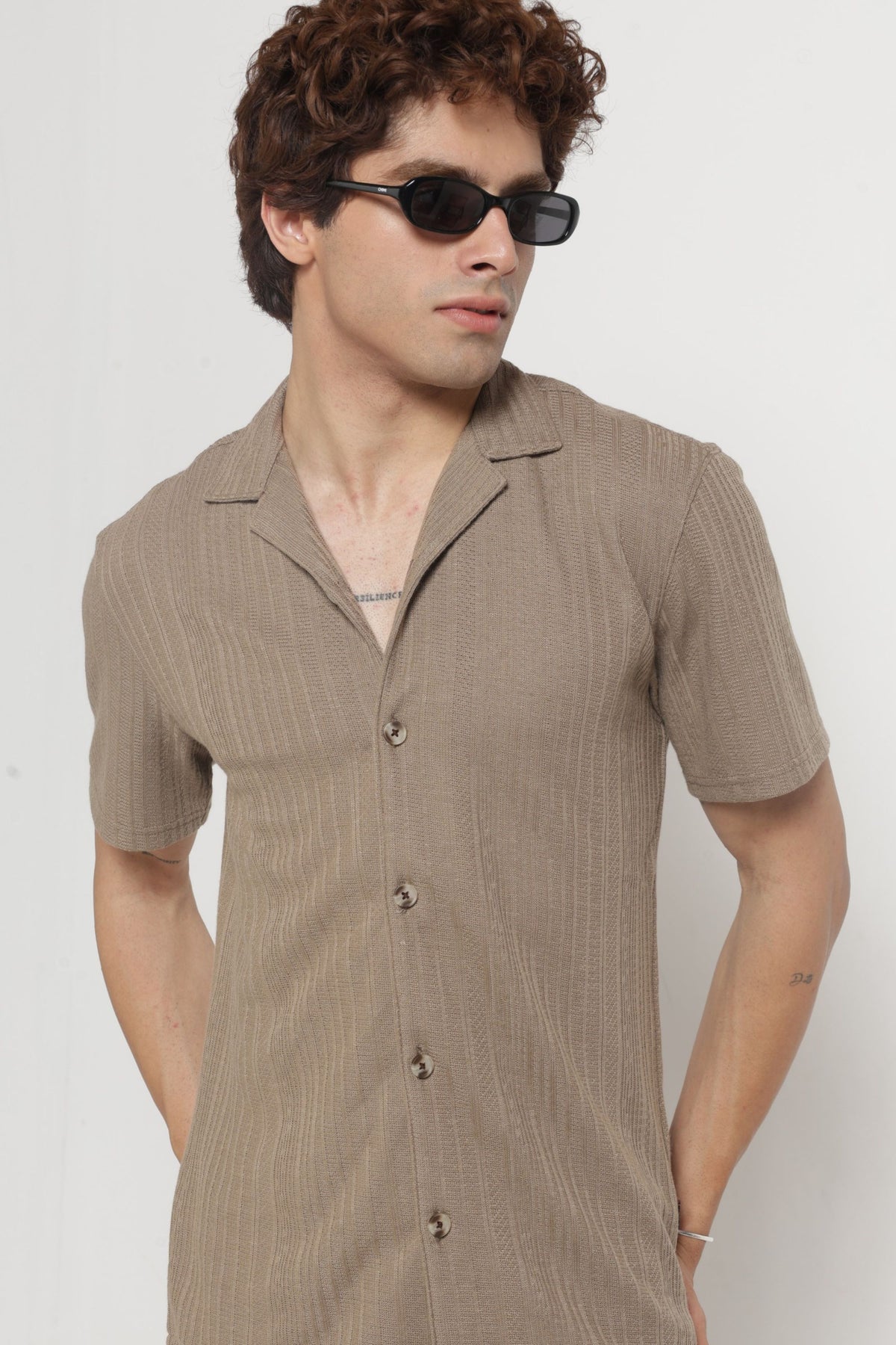 Cuban Collar Half sleeves Jacquard Knit Solid Shirt In Khaki