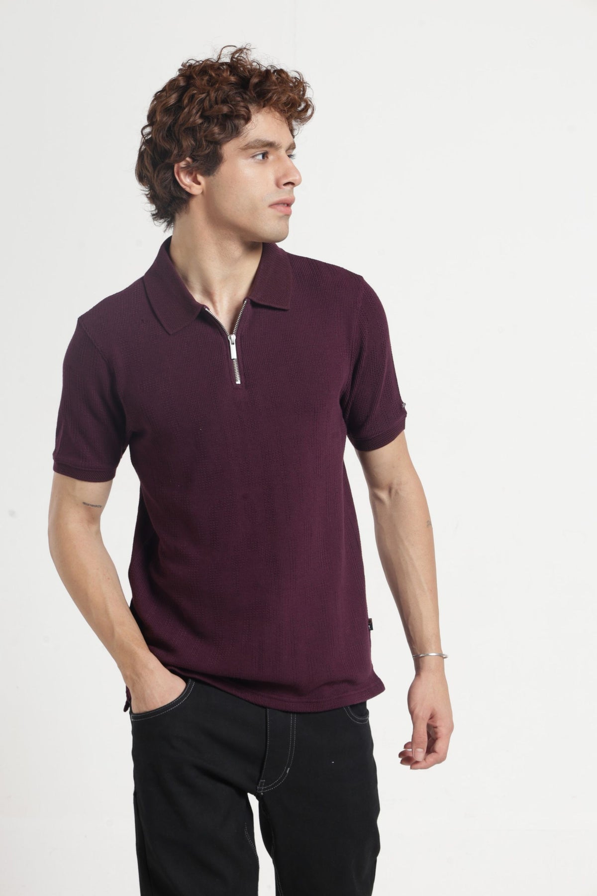Polo Collar Jacquard Zipper T-Shirt In Wine