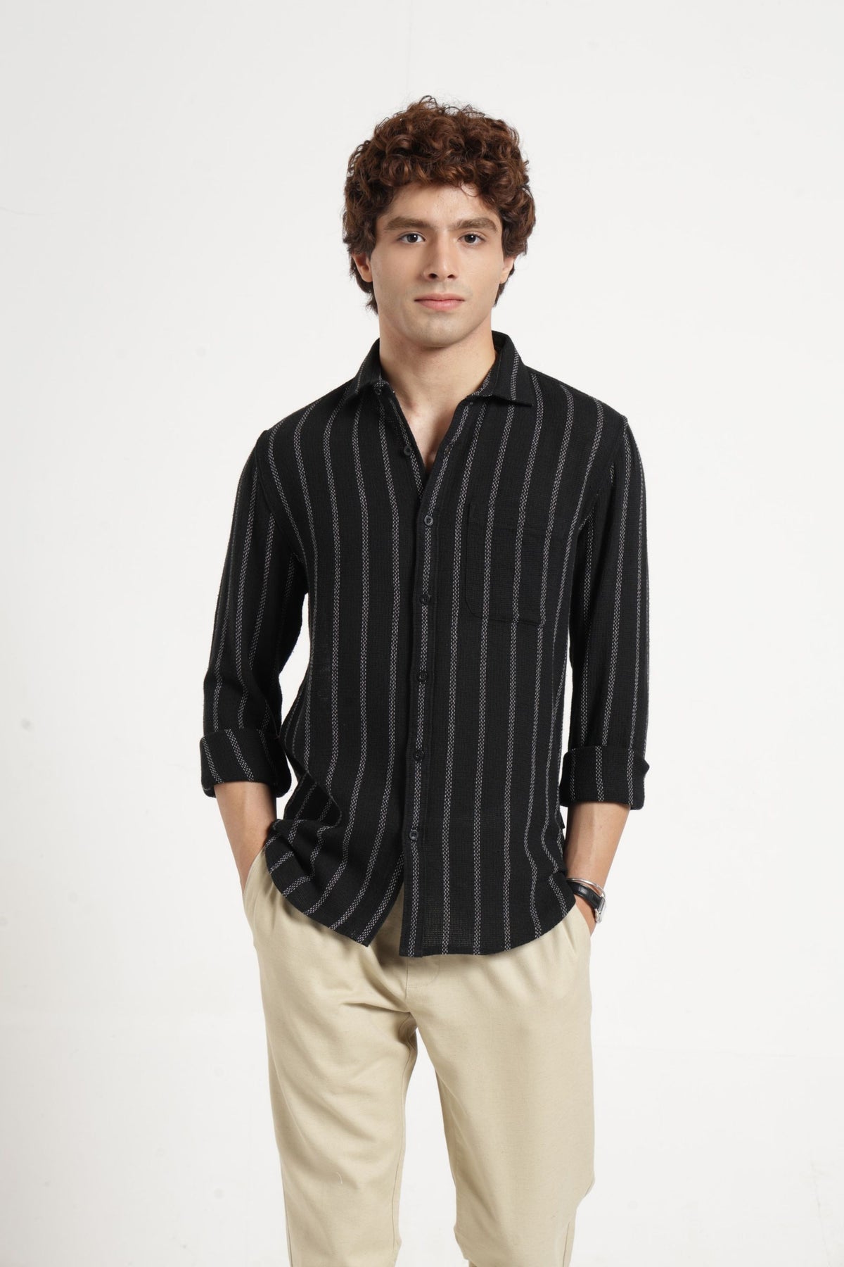 Spread Collar Self Dobby Stripe Shirt In Black