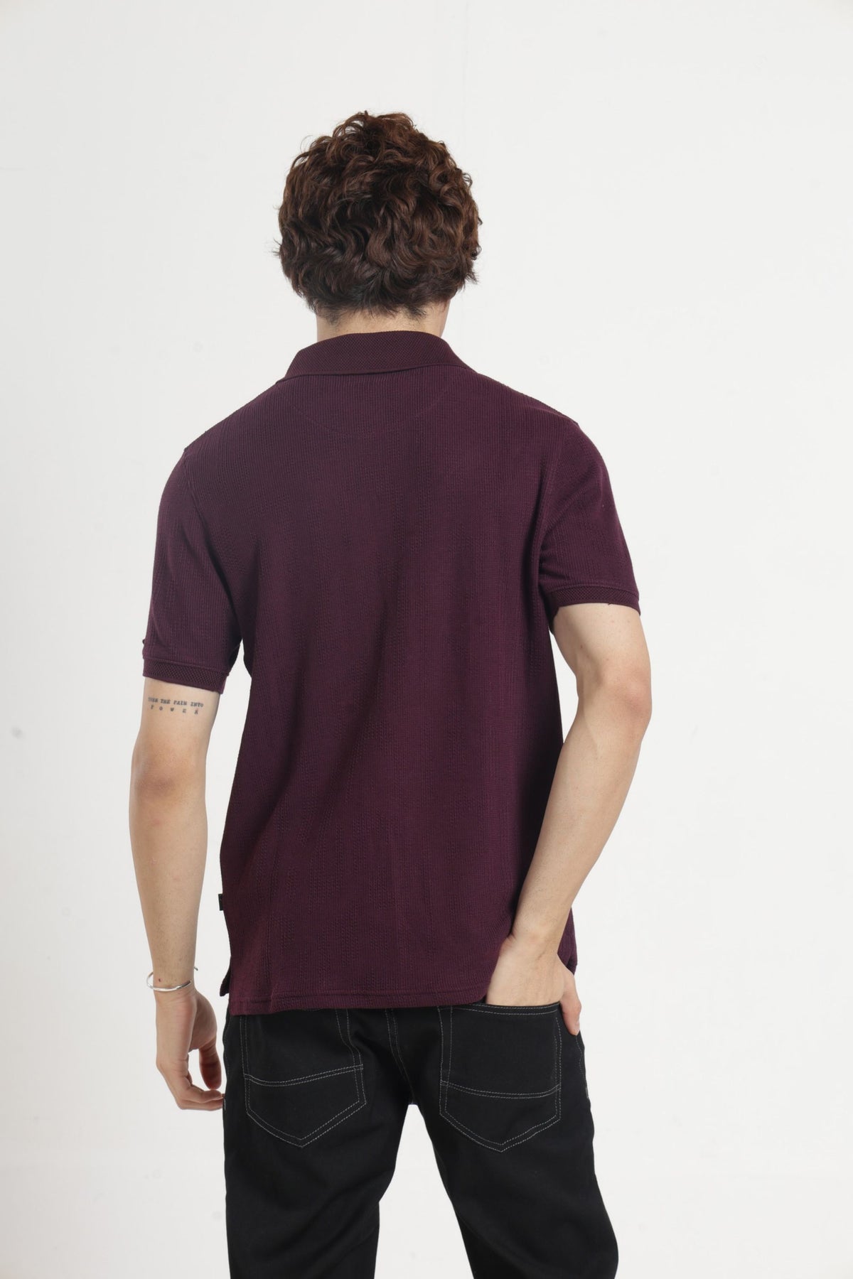 Polo Collar Jacquard Zipper T-Shirt In Wine