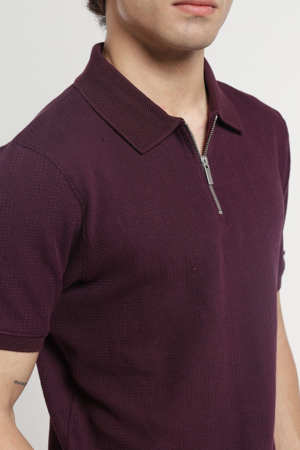 Polo Collar Jacquard Zipper T-Shirt In Wine