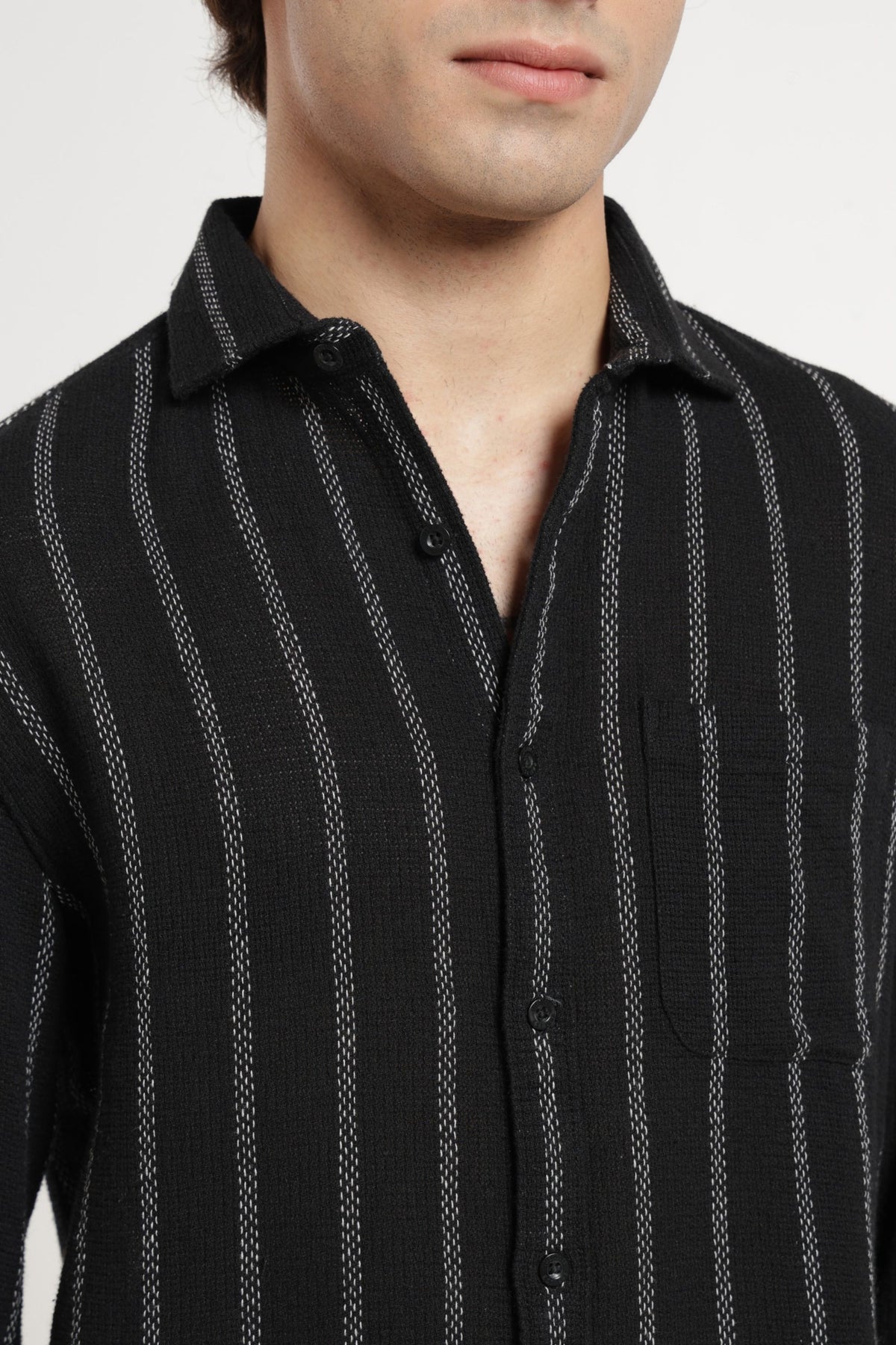 Spread Collar Self Dobby Stripe Shirt In Black