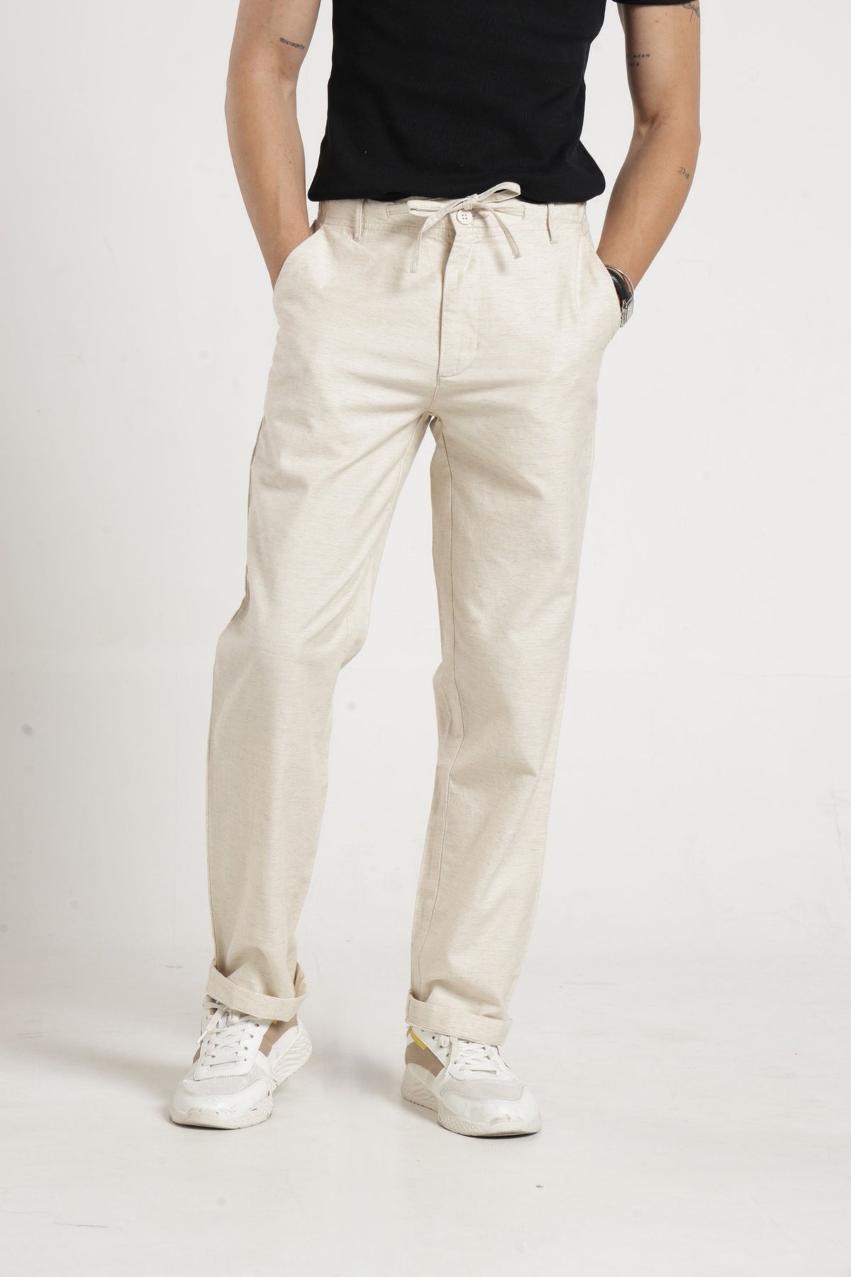 IDENTITI Men Relaxed Fit Non Denim Solid Trouser In Ecru