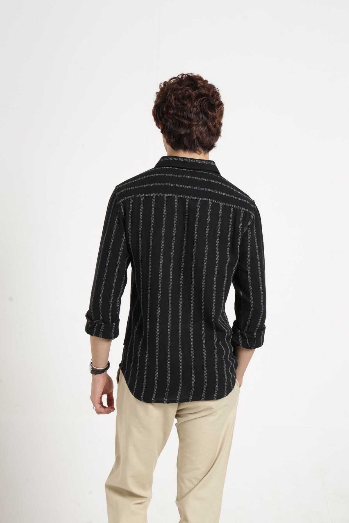 Spread Collar Self Dobby Stripe Shirt In Black
