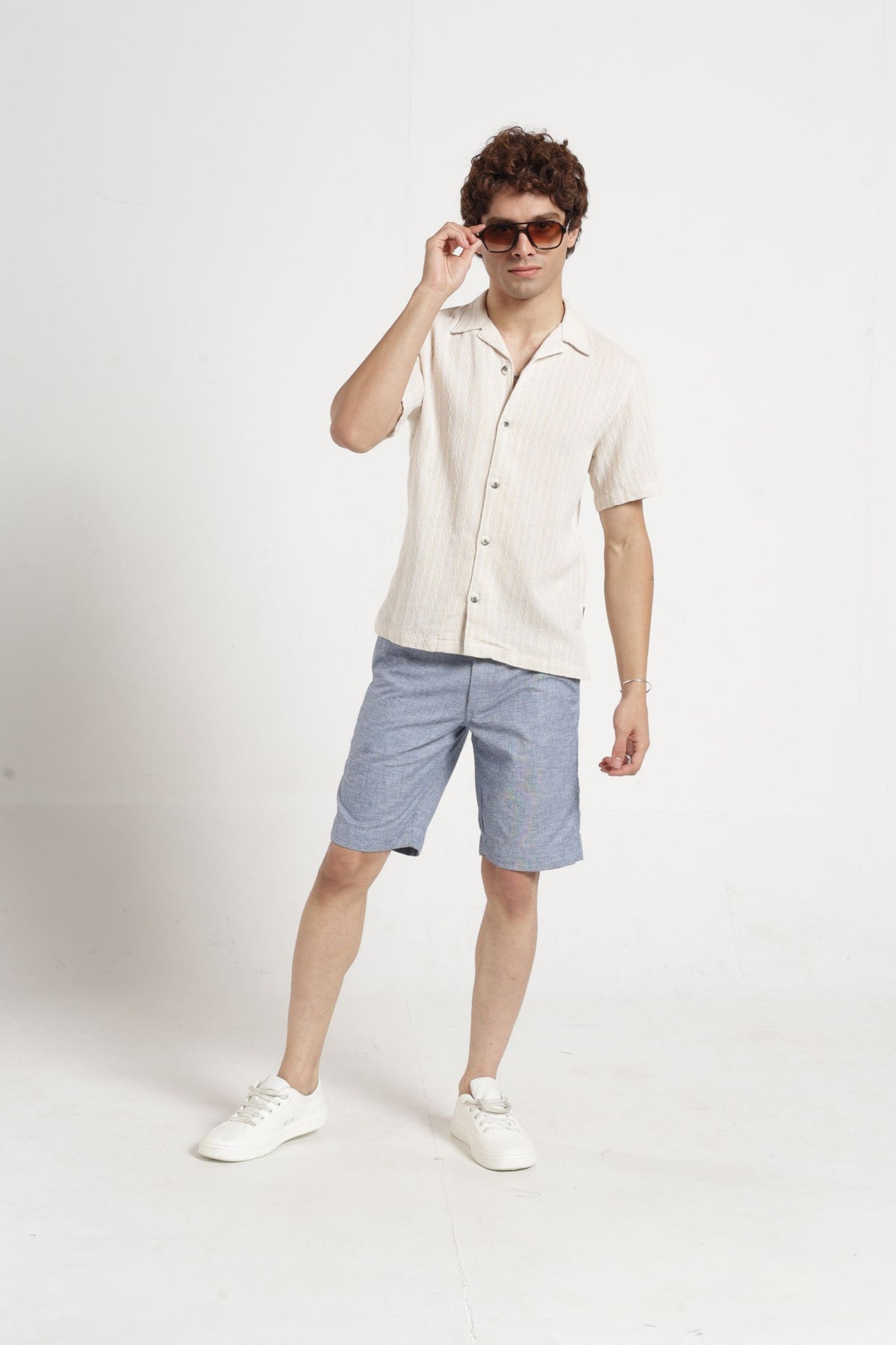 Cable Textured Dobby Cuban Collar Shirt in Ecru