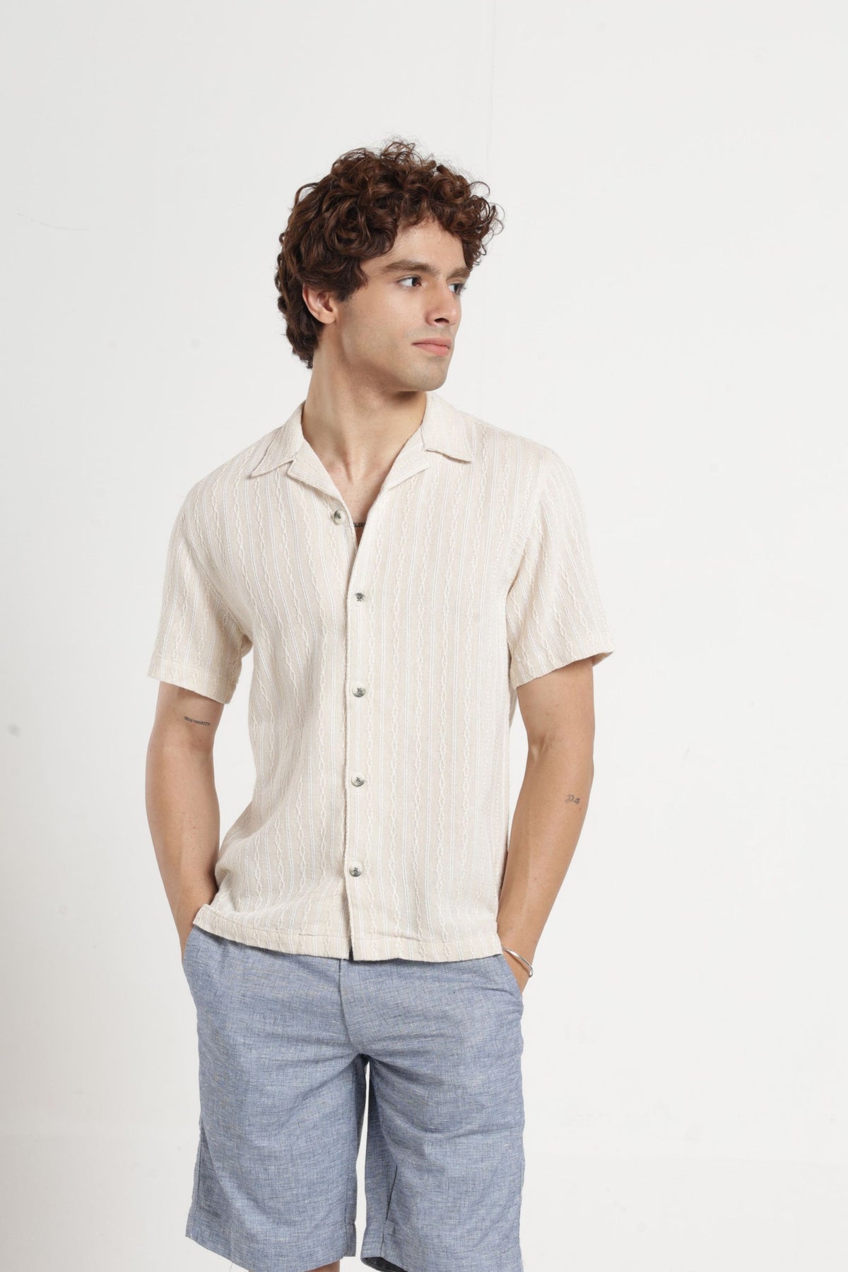 Cable Textured Dobby Cuban Collar Shirt in Ecru