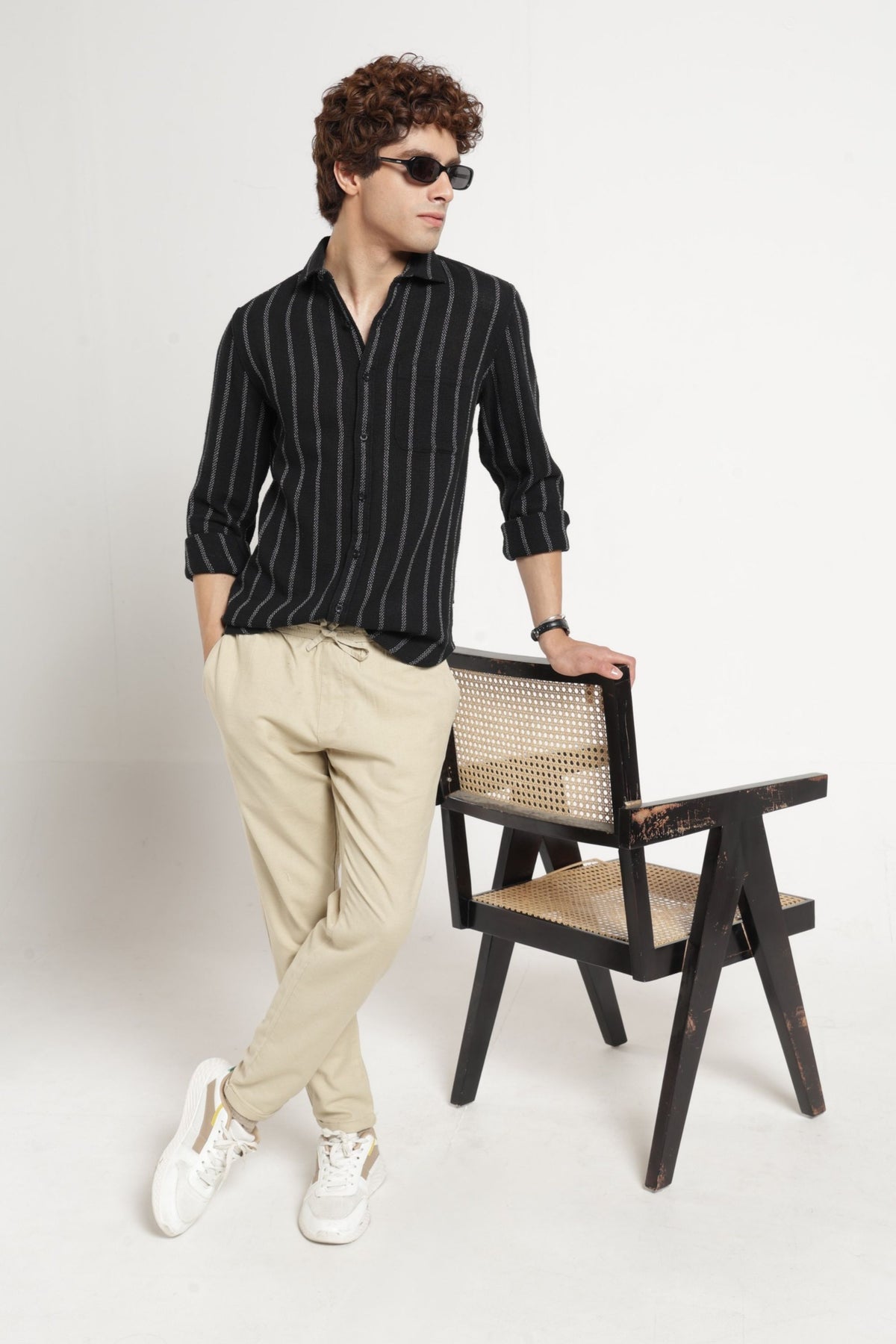 Spread Collar Self Dobby Stripe Shirt In Black