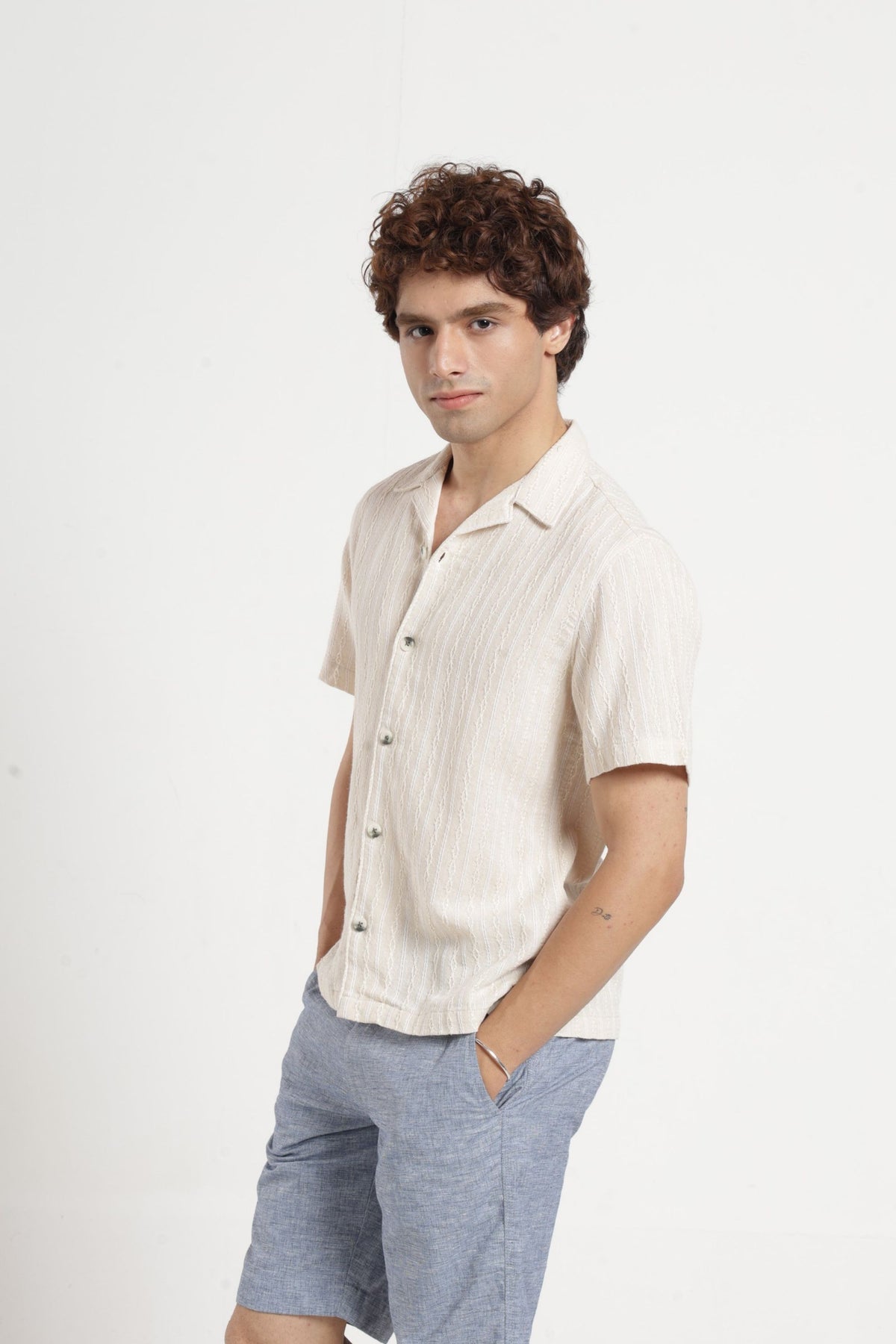 Cable Textured Dobby Cuban Collar Shirt in Ecru