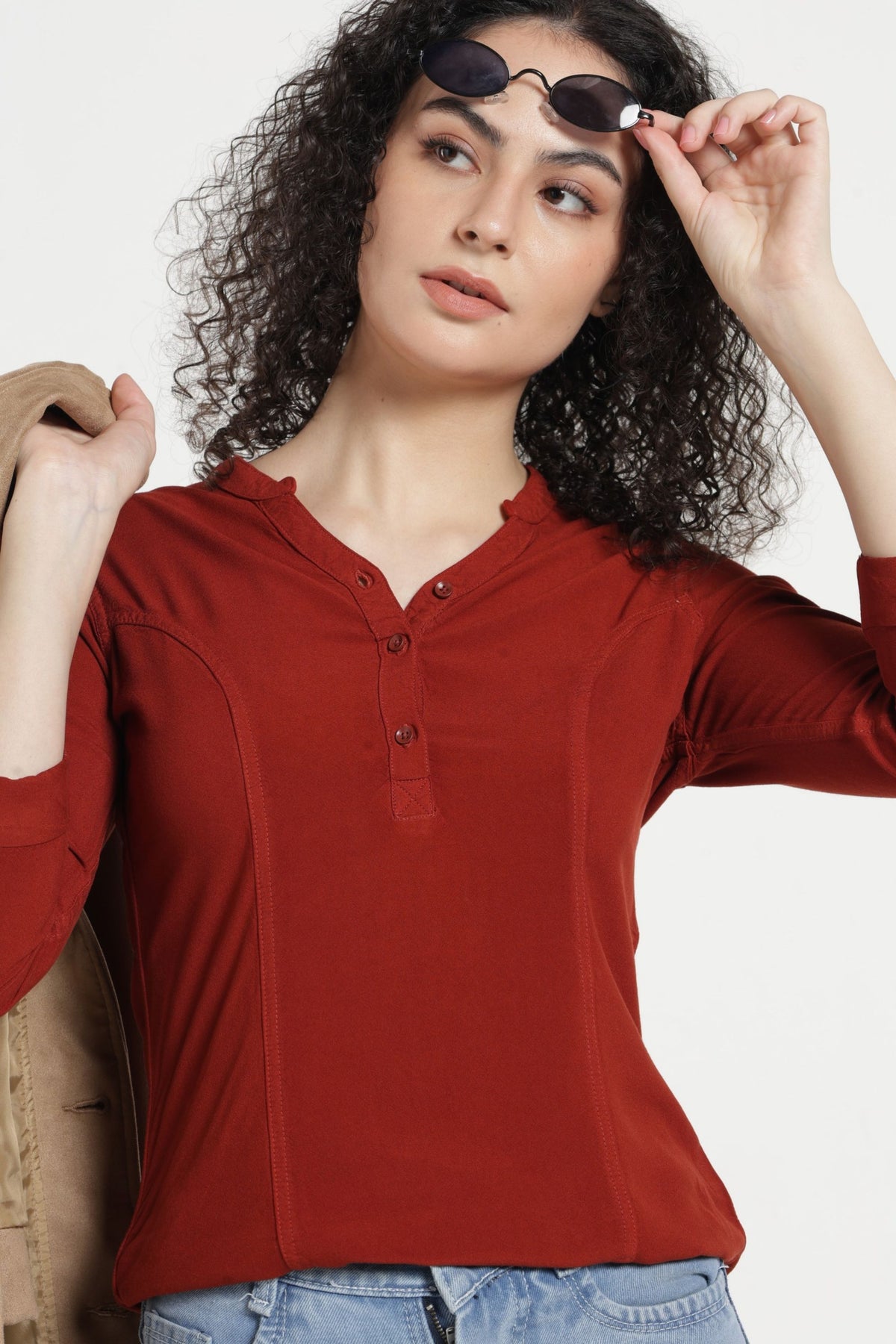 Women Solid Indo-Western Casual Shirt - Light brown