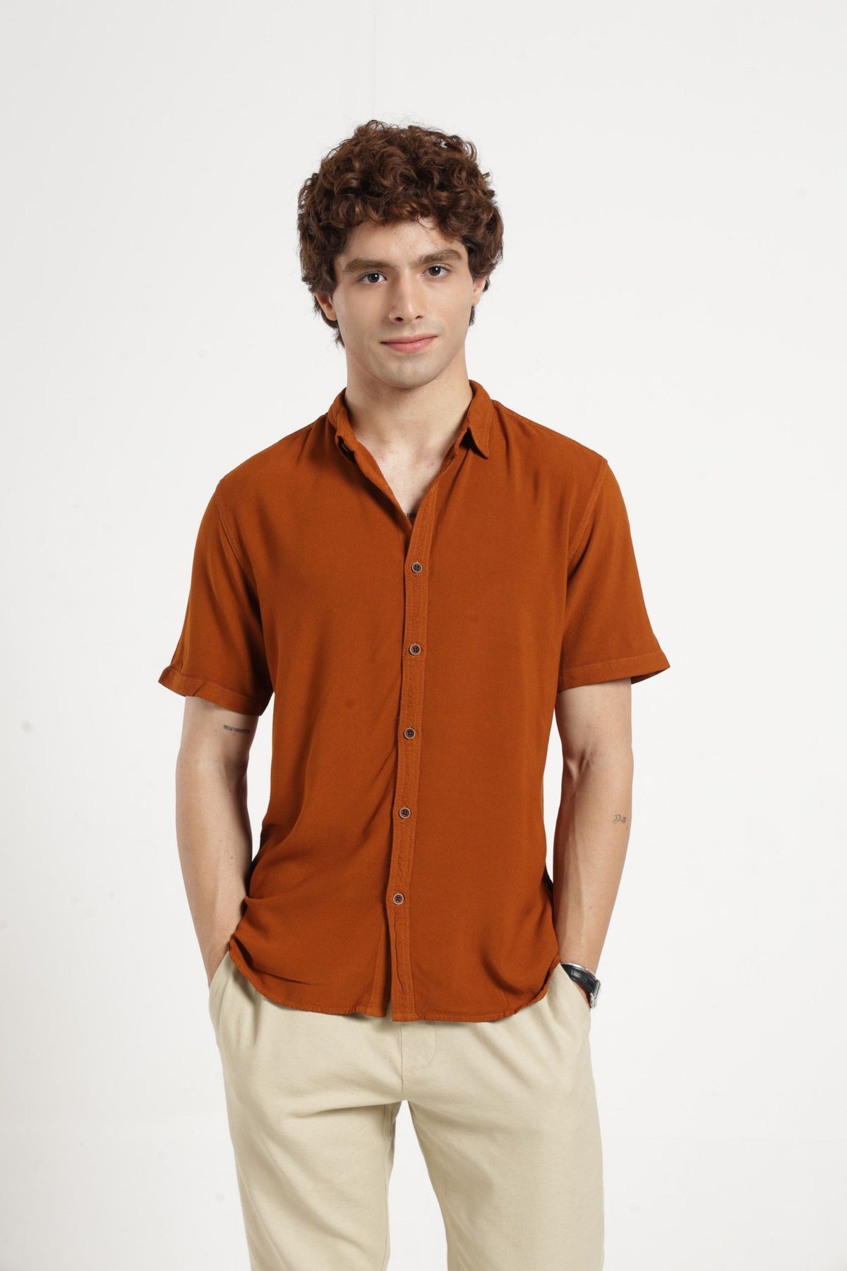 Regular Collar Half Sleeves Solid Shirt in Chocolate