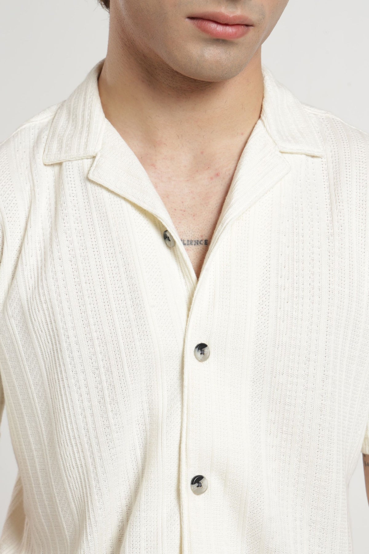 Cuban Collar Half sleeves Jacquard Knit Solid Shirt In Offwhite