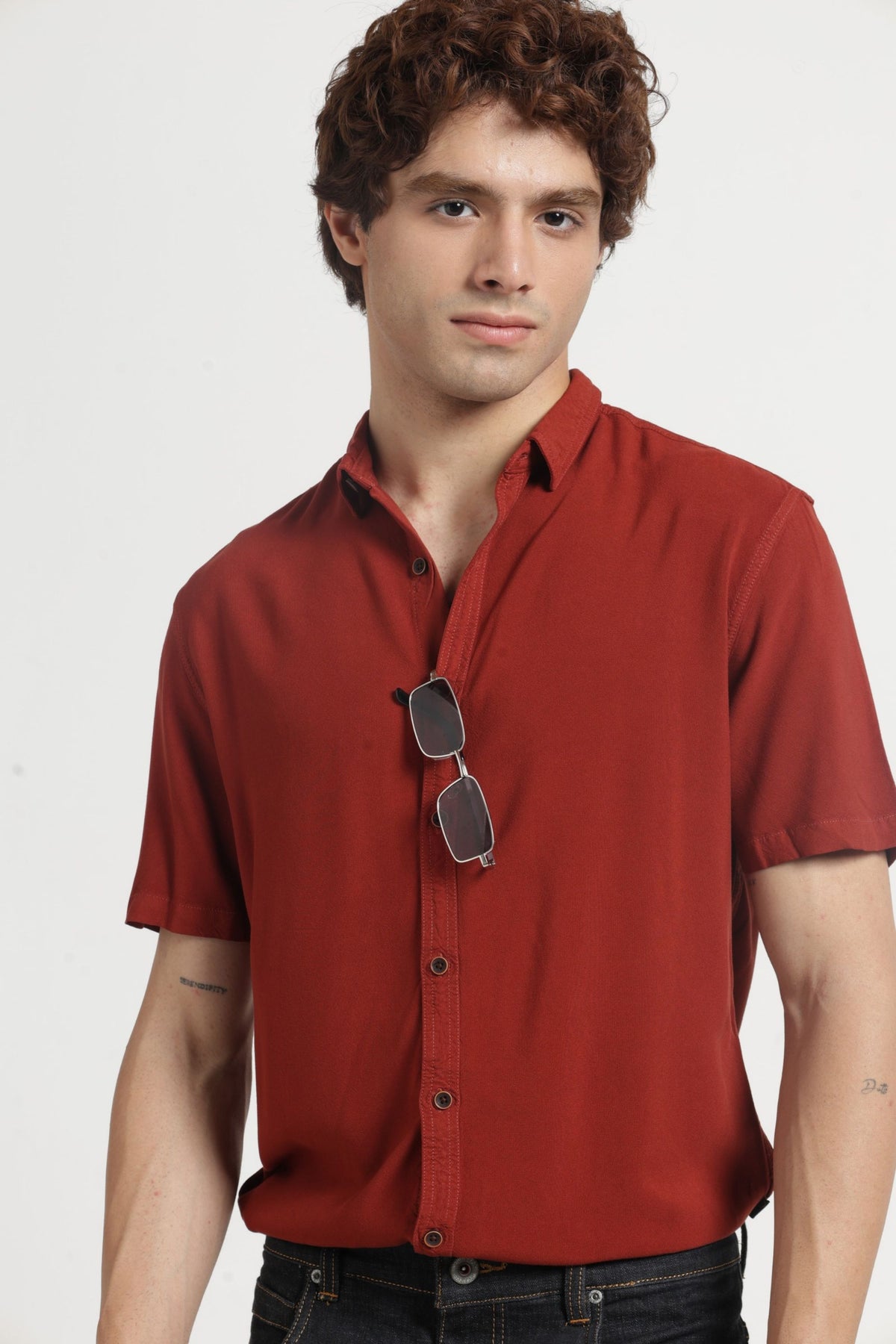 Regular Collar Half Sleeves Solid Shirt in Brown