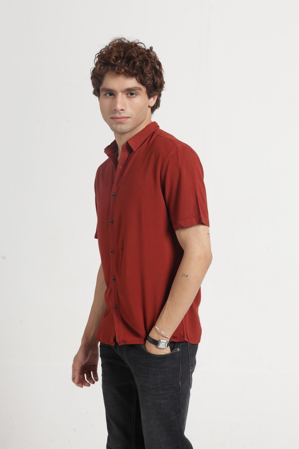 Regular Collar Half Sleeves Solid Shirt in Brown