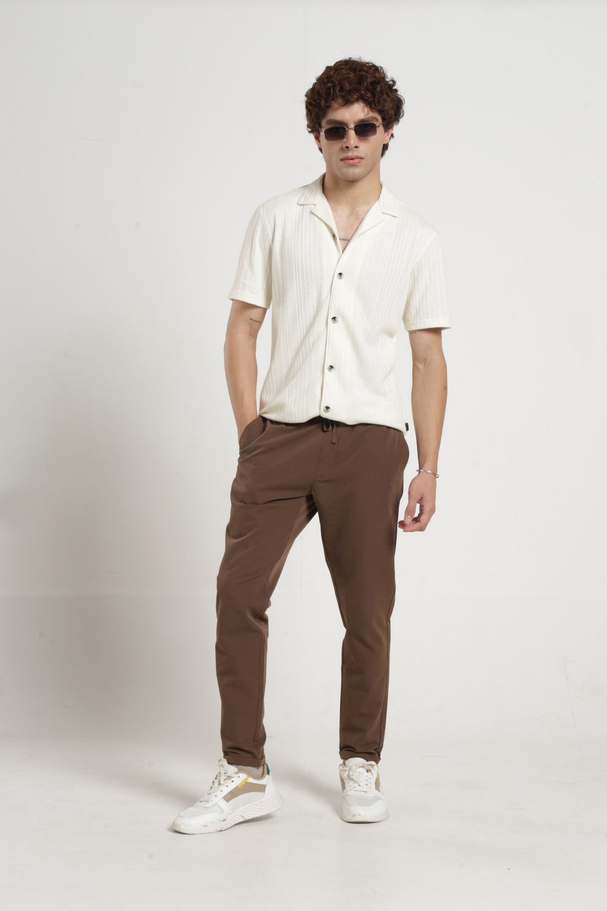 Cuban Collar Half sleeves Jacquard Knit Solid Shirt In Offwhite