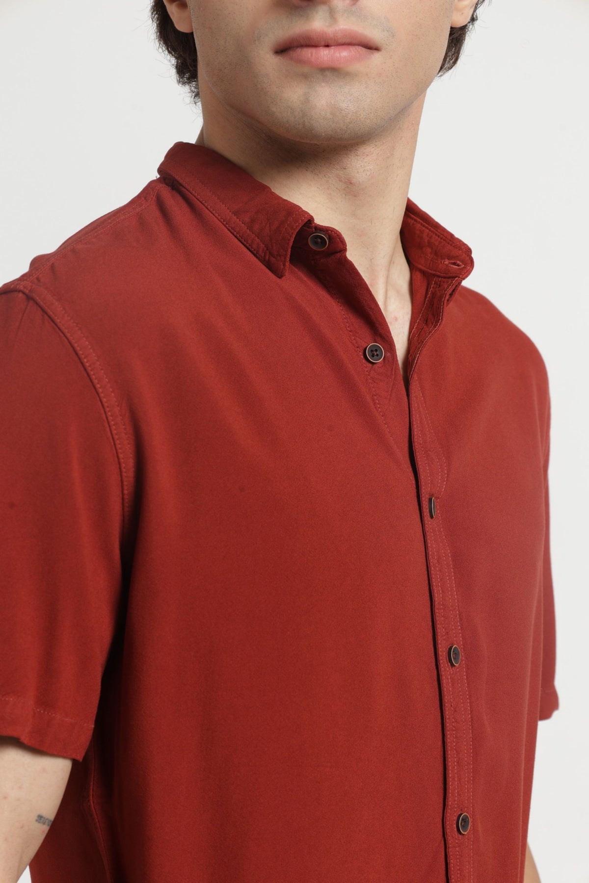 Regular Collar Half Sleeves Solid Shirt in Brown