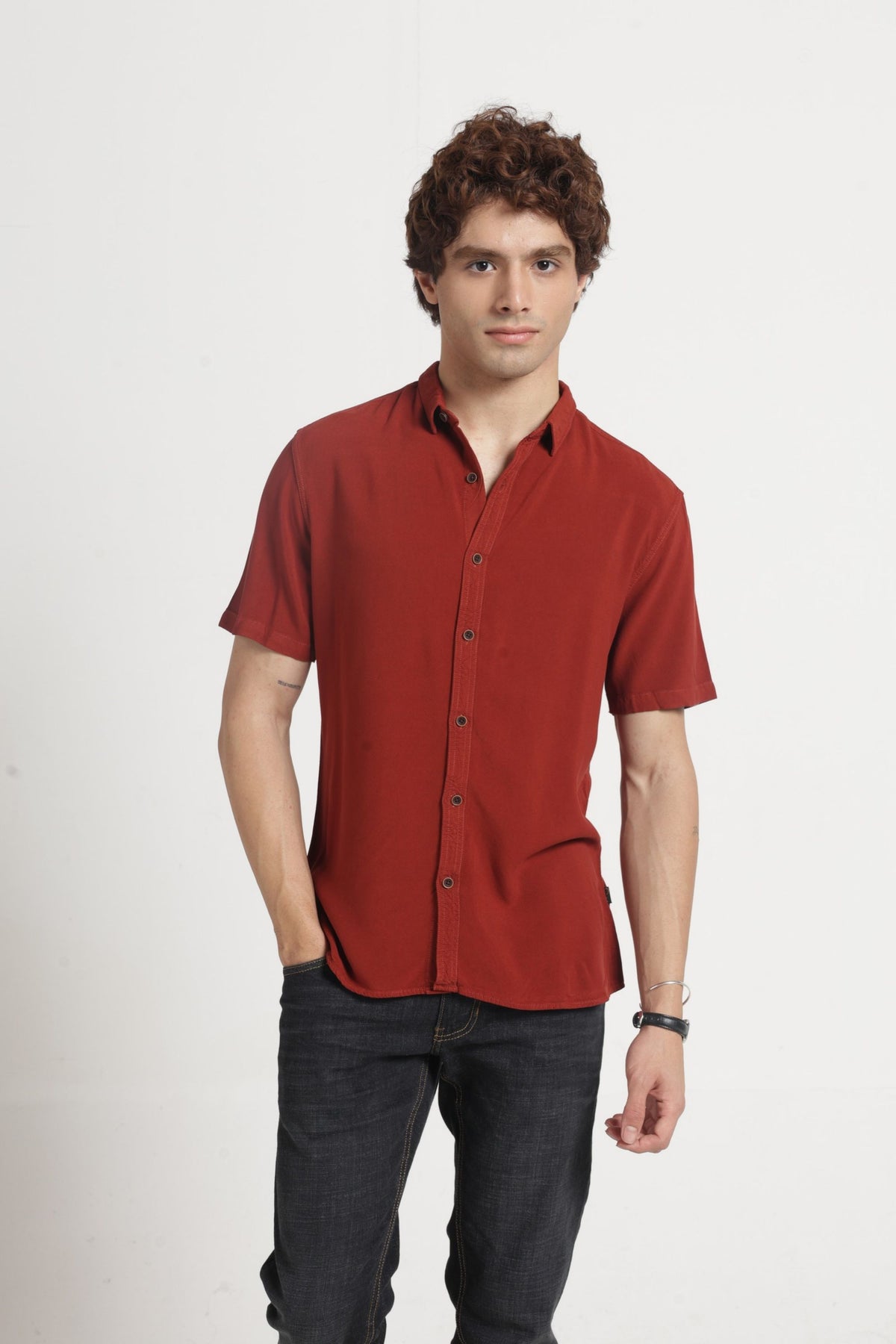 Regular Collar Half Sleeves Solid Shirt in Brown