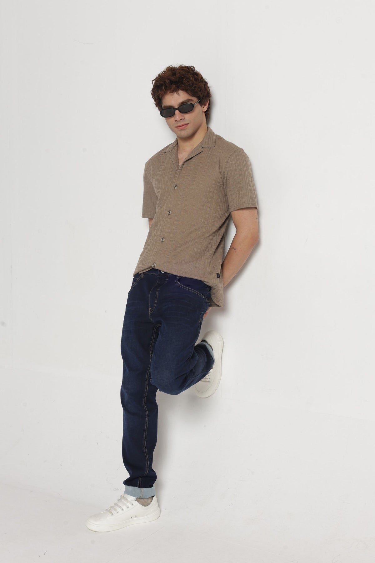 Cuban Collar Half sleeves Jacquard Knit Solid Shirt In Khaki