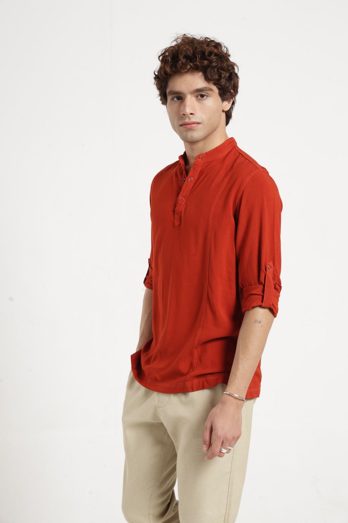 Mandarin Collar Half placket Solid Shirt/Kurta in Mineral red
