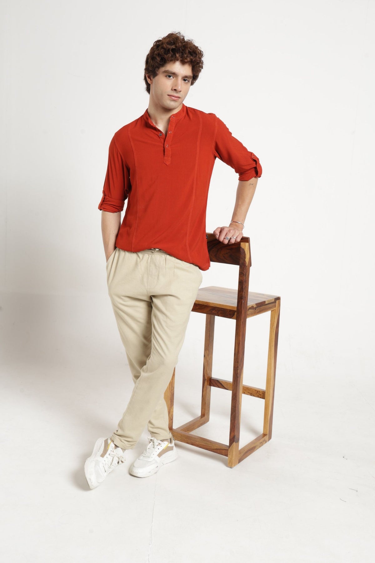 Mandarin Collar Half placket Solid Shirt/Kurta in Mineral red