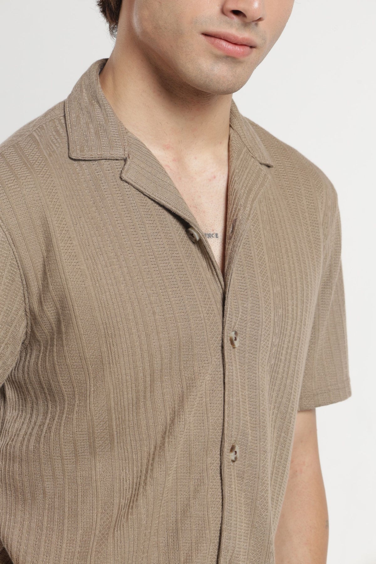 Cuban Collar Half sleeves Jacquard Knit Solid Shirt In Khaki