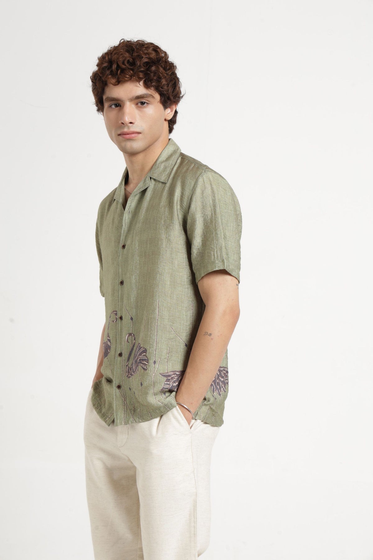 Swan Print Cuban Collar Shirt In Green