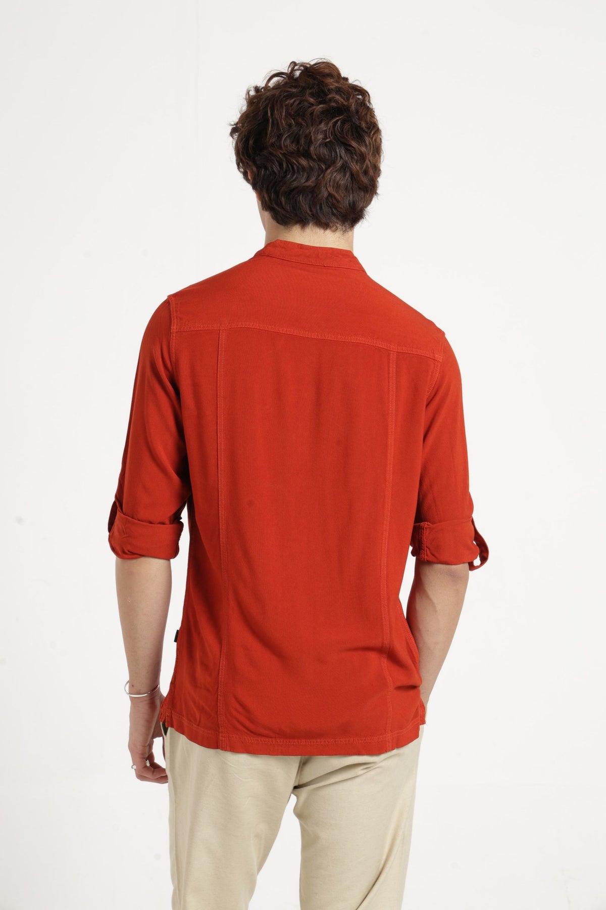 Mandarin Collar Half placket Solid Shirt/Kurta in Mineral red