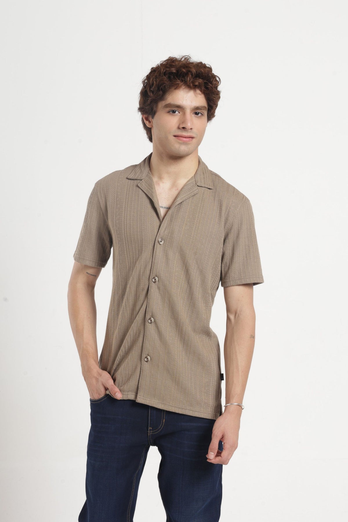 Cuban Collar Half sleeves Jacquard Knit Solid Shirt In Khaki