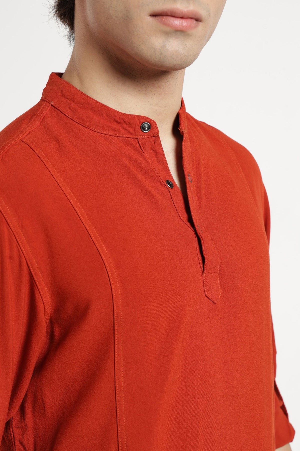 Mandarin Collar Half placket Solid Shirt/Kurta in Mineral red