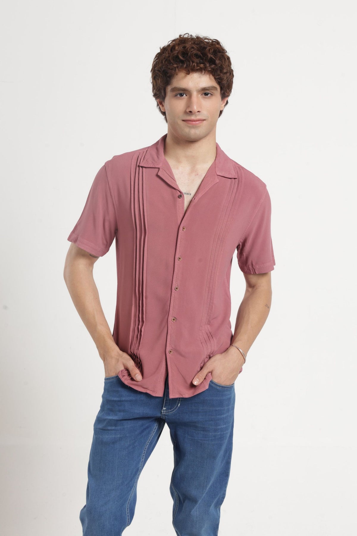 Cuban Collar Half sleeves Pintuck Flanking Solid Shirt In Peach