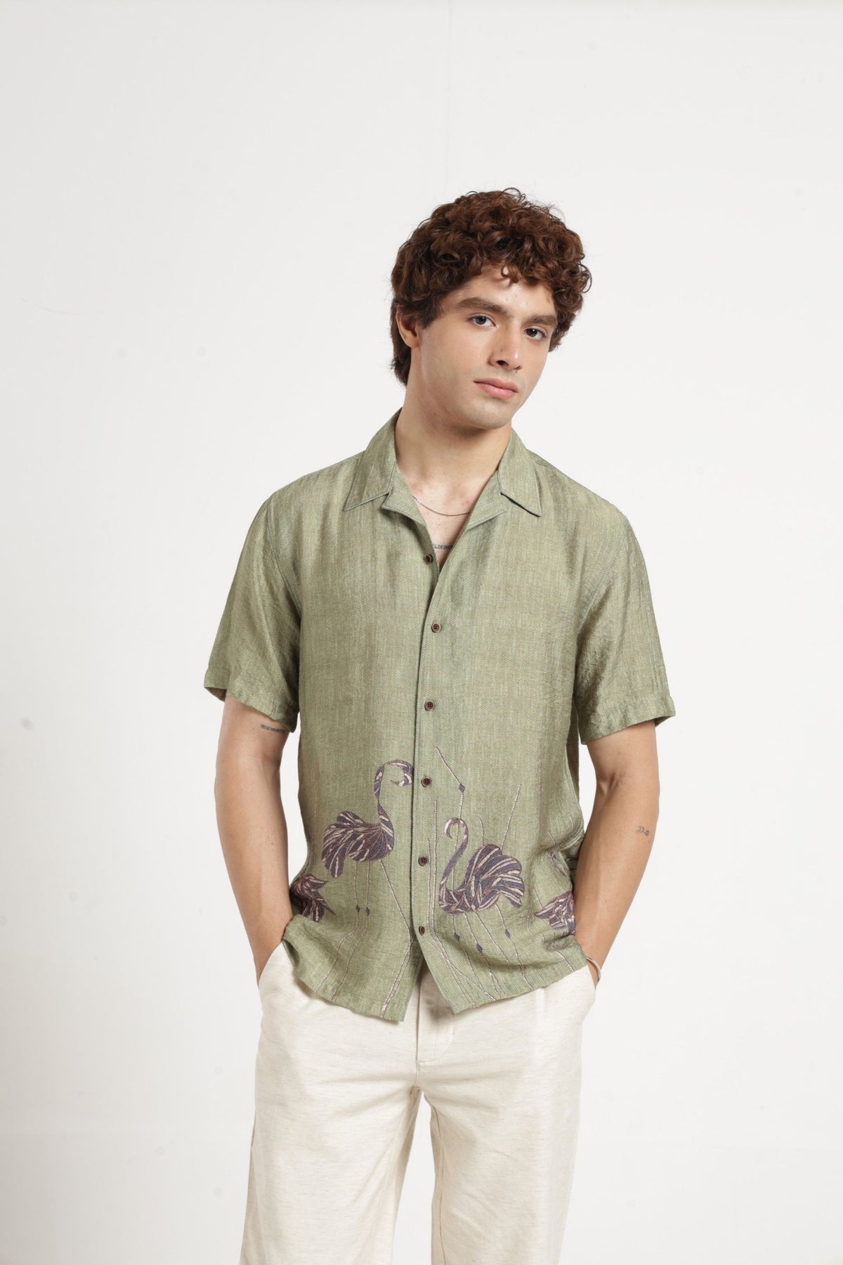 Swan Print Cuban Collar Shirt In Green