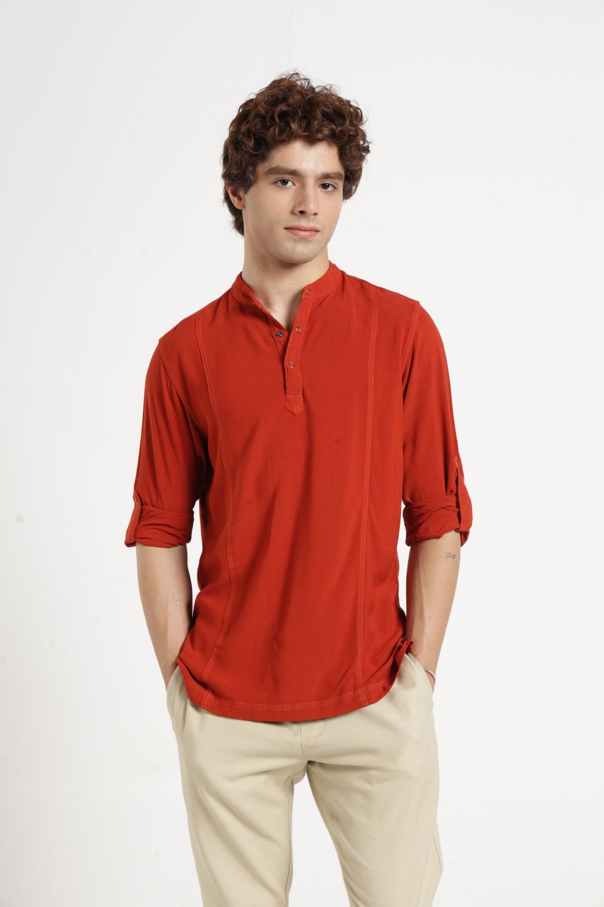 Mandarin Collar Half placket Solid Shirt/Kurta in Mineral red